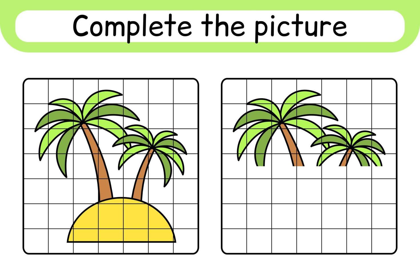 Complete the picture palm. Copy the picture and color. Finish the image. Coloring book. Educational drawing exercise game for children vector