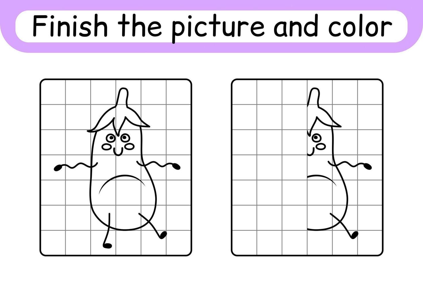 Complete the picture eggplant. Copy the picture and color. Finish the image. Coloring book. Educational drawing exercise game for children vector