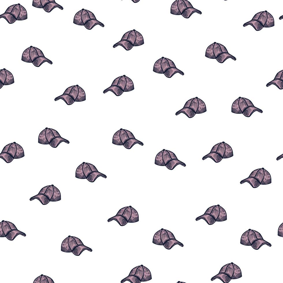 Baseball cap engraving seamless pattern. Casual modern headwear in hand drawn style. vector