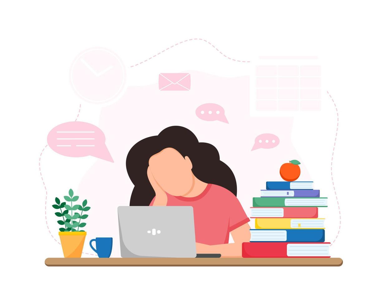 Working or studing at home. Tired girl sitting at table. Online education concept. Freelance. vector