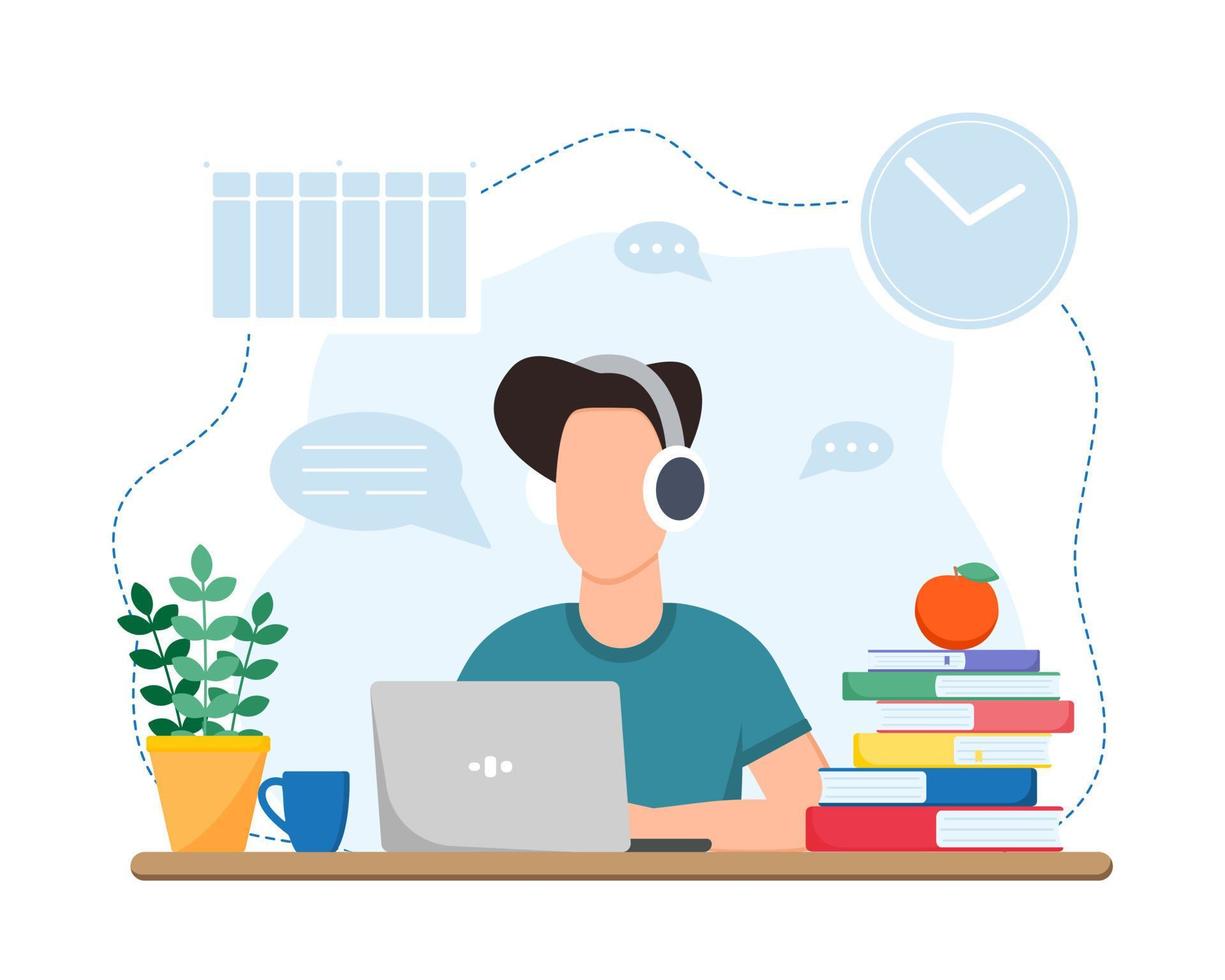 Working or studing at home. Boy sitting at table. Online education concept. Freelance. Stay home. vector
