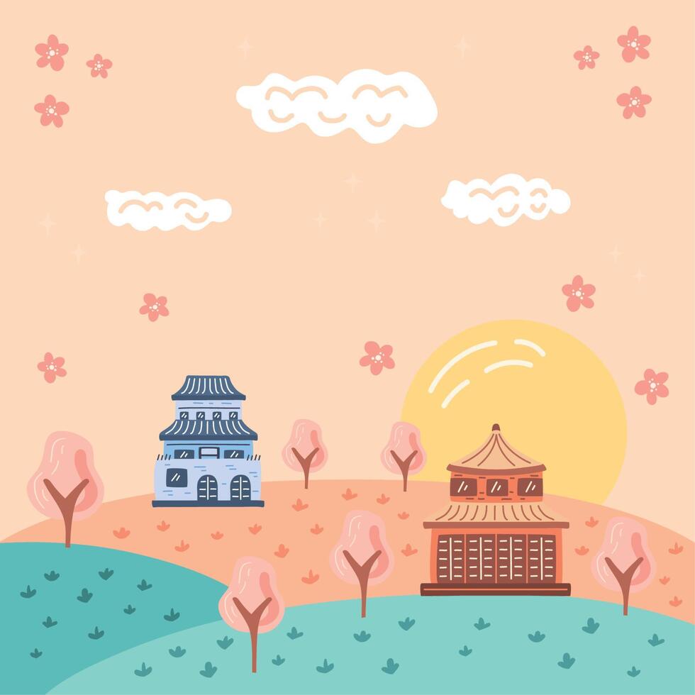 korean landscape with houses vector