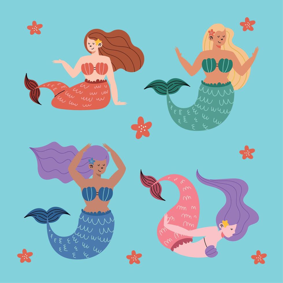 iconos de dibujos animados de sirenas vector