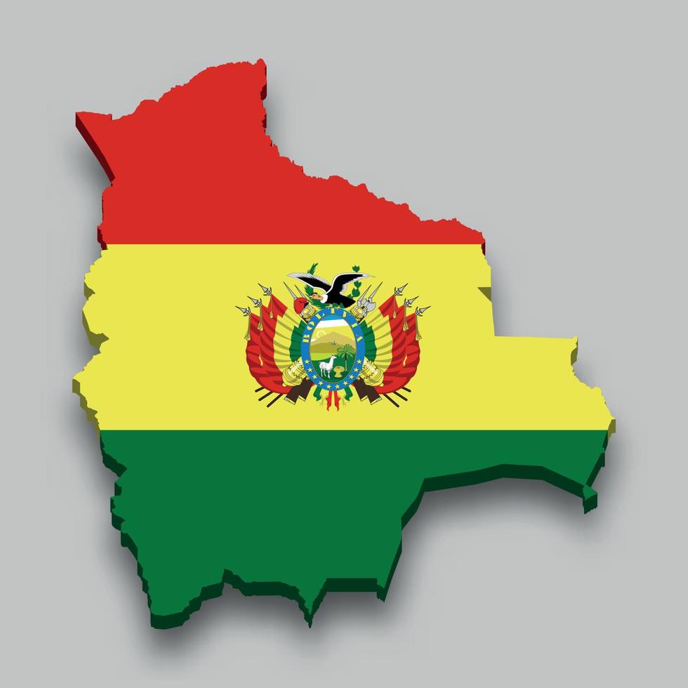 Mapa isométrico 3d de bolivia con bandera nacional. vector