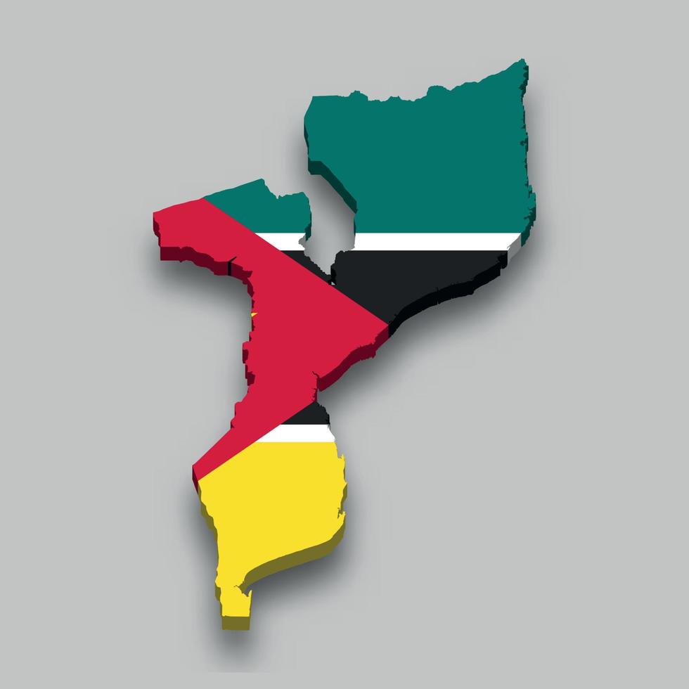 Mapa isométrico 3d de mozambique con bandera nacional. vector