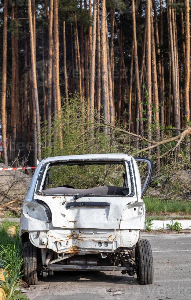 Many broken cars after a traffic accident in the parking lot of a  restoration service station on the street. Car body damage workshop  outdoors. Sale of insurance emergency vehicles at auction. 8281183