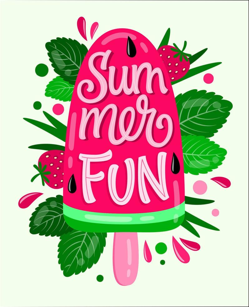 Ice pop with Summer Fun text and strawberries against pale green background vector