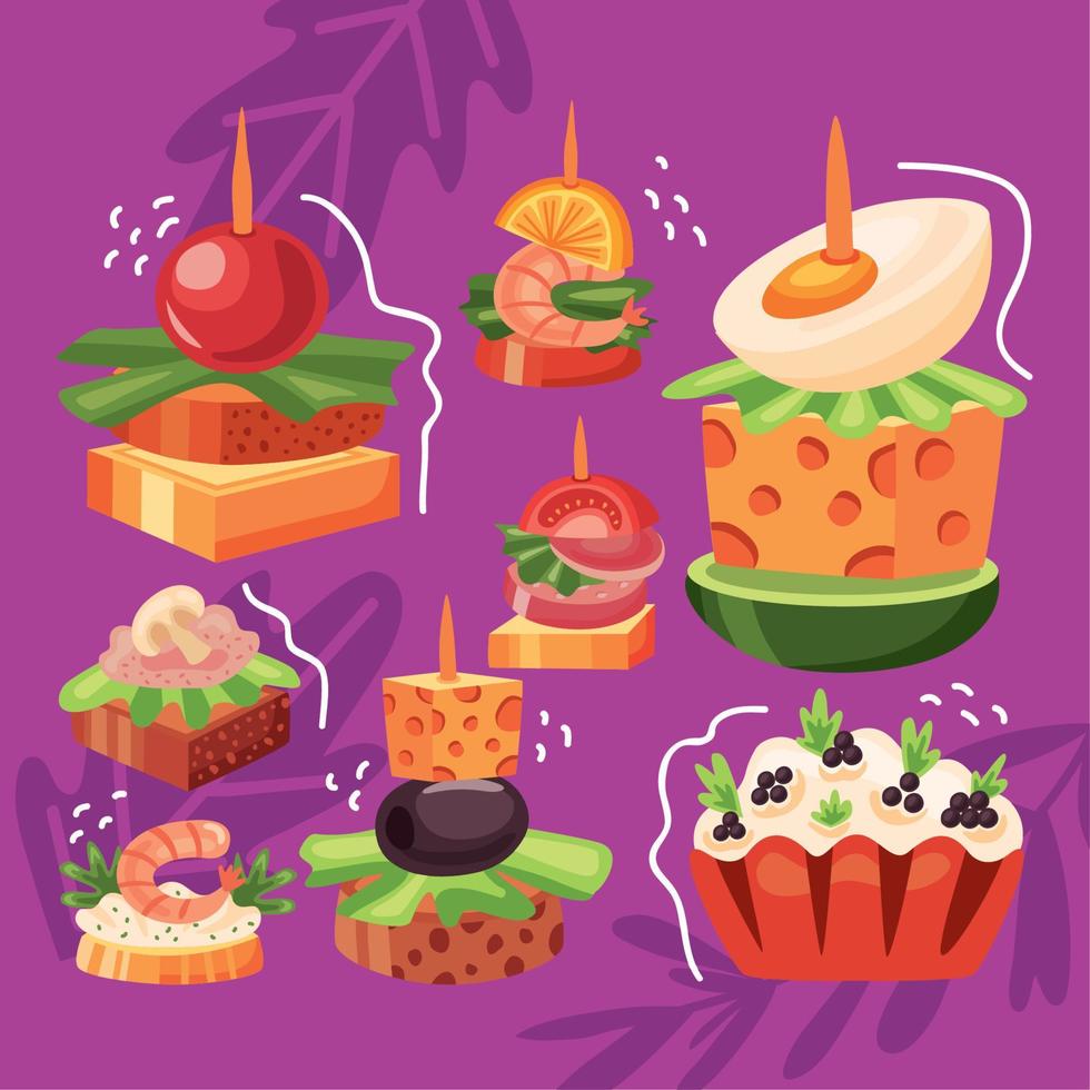 eight delicious appetizers snacks vector