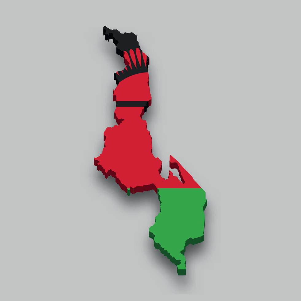 3d isometric Map of Malawi with national flag. vector