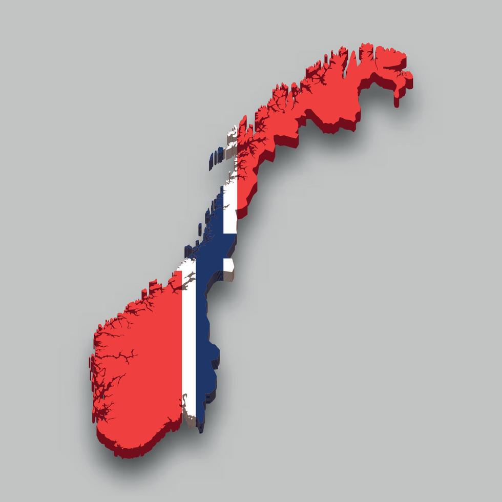 Mapa isométrico 3d de noruega con bandera nacional. vector