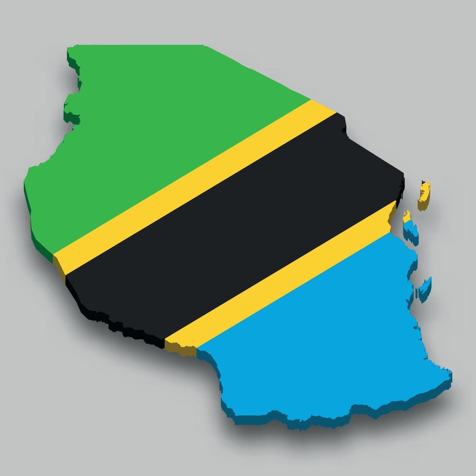 Mapa isométrico 3d de tanzania con bandera nacional. vector