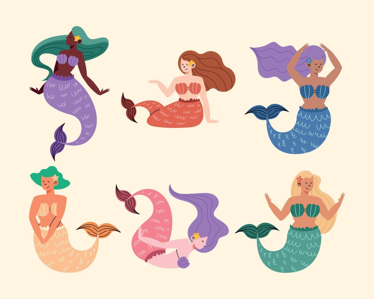 lindas sirenas de dibujos animados vector