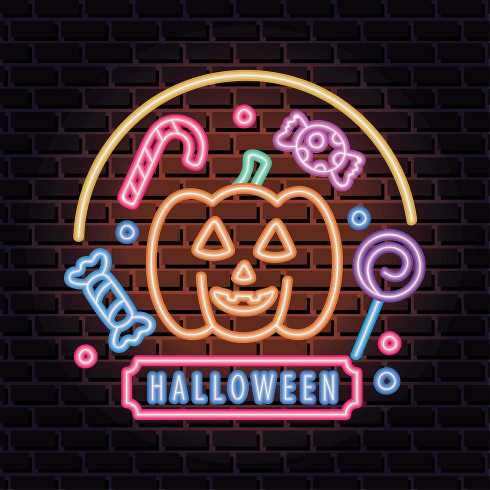 halloween neon lights with pumpkin vector
