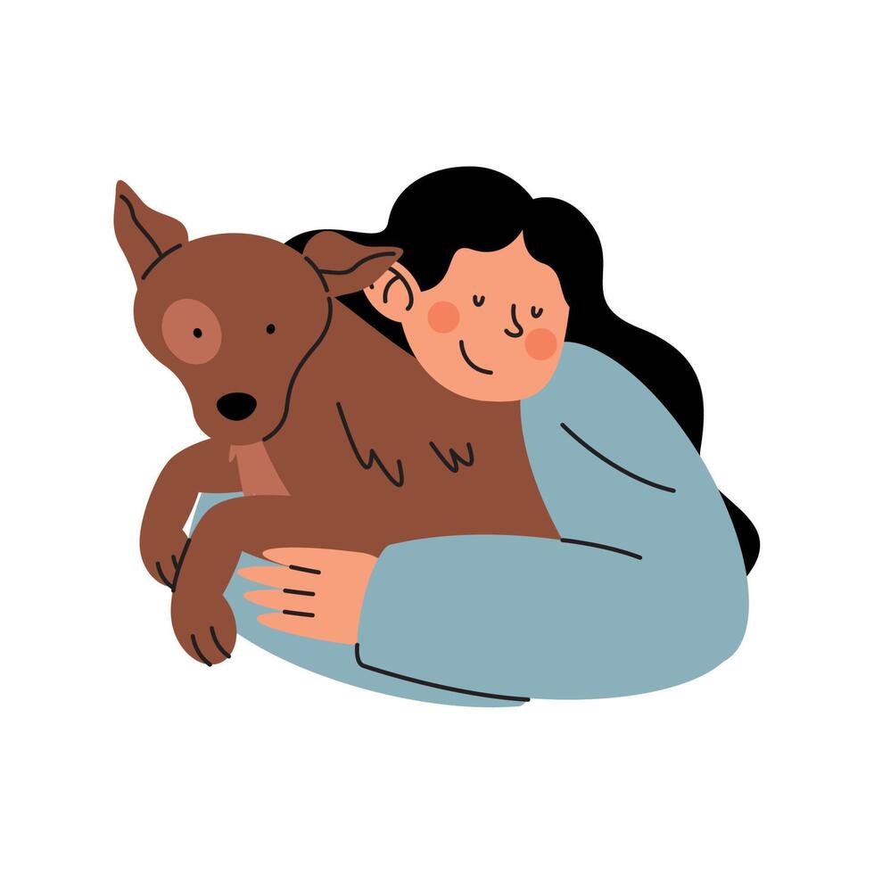 mujer abrazando perro vector