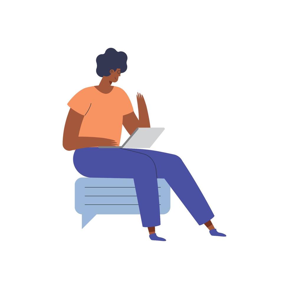 hombre afro sentado usando una laptop vector