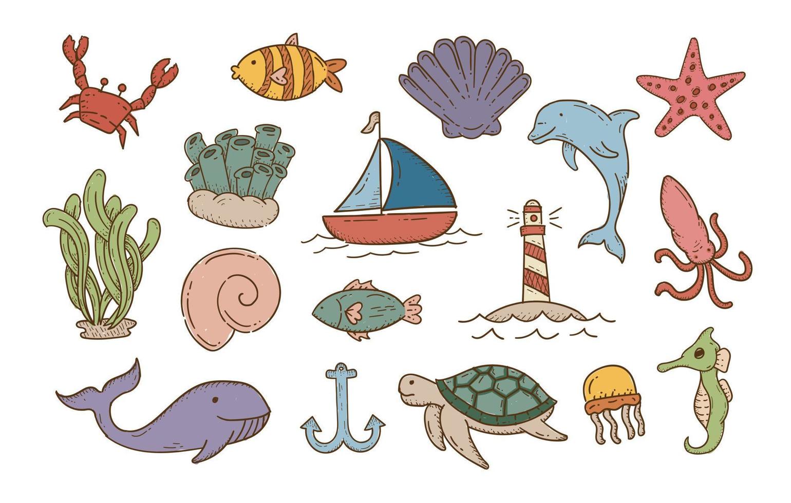 lindos conjuntos de animales marinos, boceto de garabatos, vida oceánica, ilustración vectorial dibujada a mano. vector