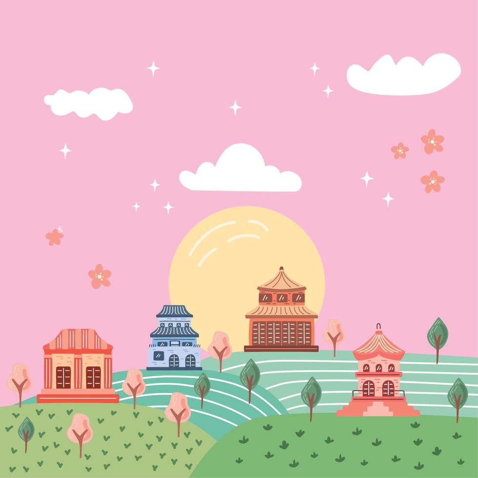 korean landscape with houses in field vector