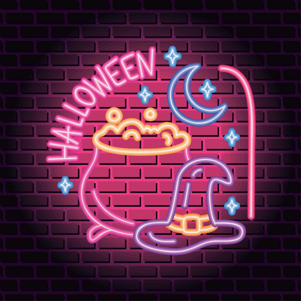 halloween neon lights with cauldron vector