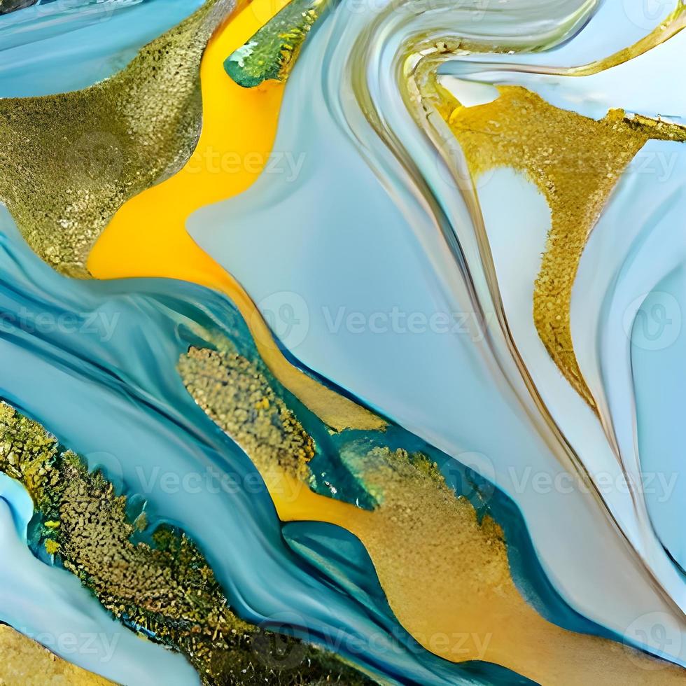 Luxury abstract fluid art painting in alcohol ink technique, mixture of blue and purple paints. Imitation of marble stone cut, glowing golden veins. Tender and dreamy design. photo