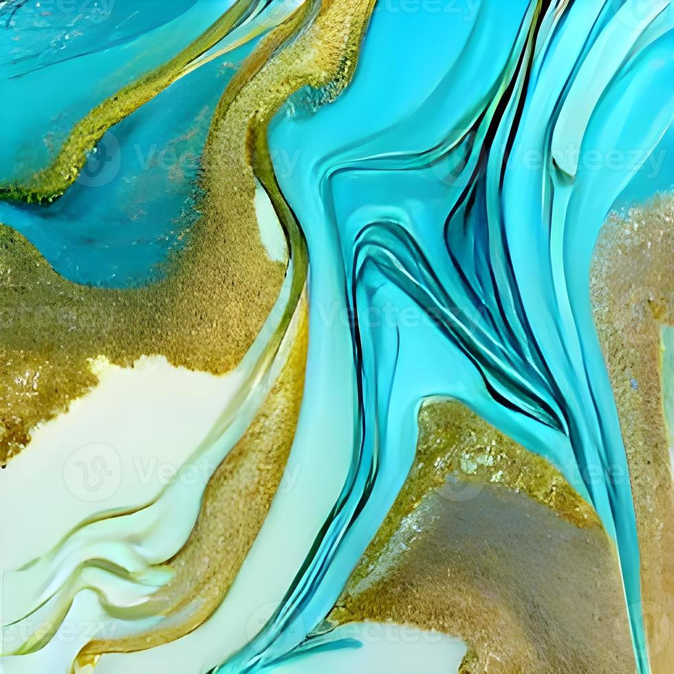 Luxury abstract fluid art painting in alcohol ink technique, mixture of blue and purple paints. Imitation of marble stone cut, glowing golden veins. Tender and dreamy design. photo