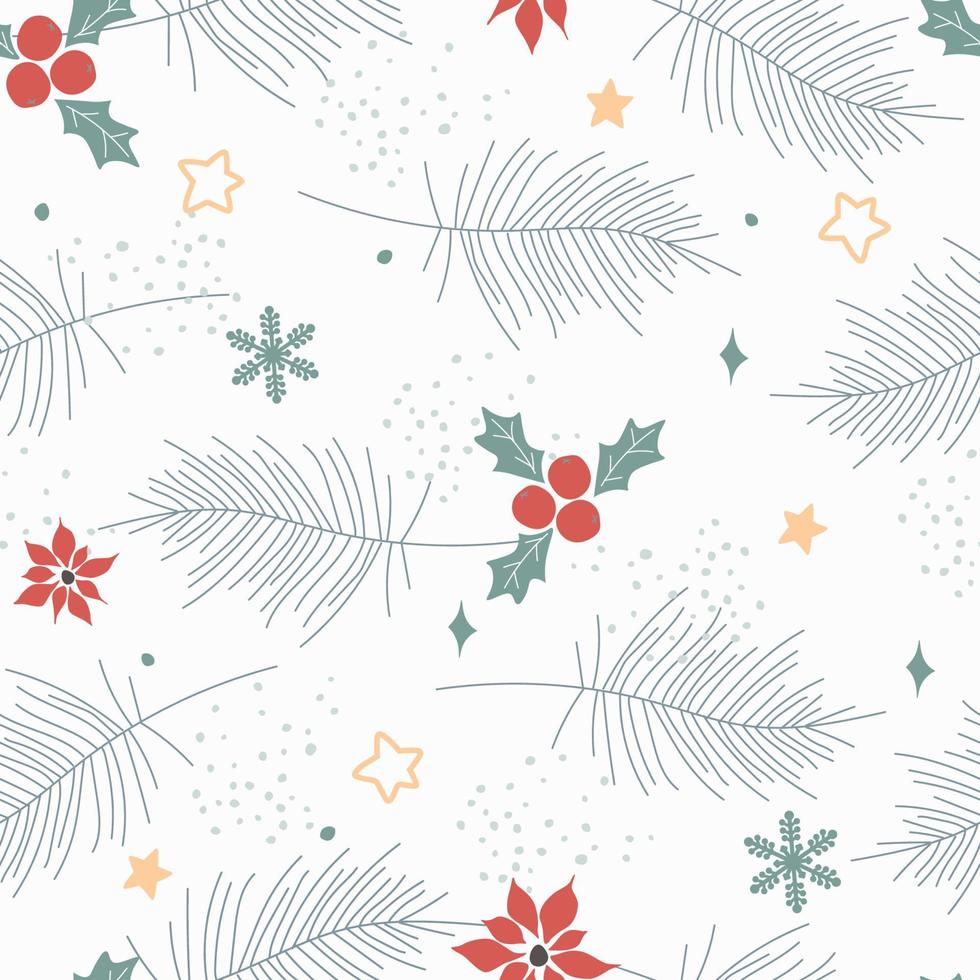 Seamless pattern with winter spruce branches, berries and poinsettia flowers, snowflakes. Christmas natural pattern. Vector graphics.