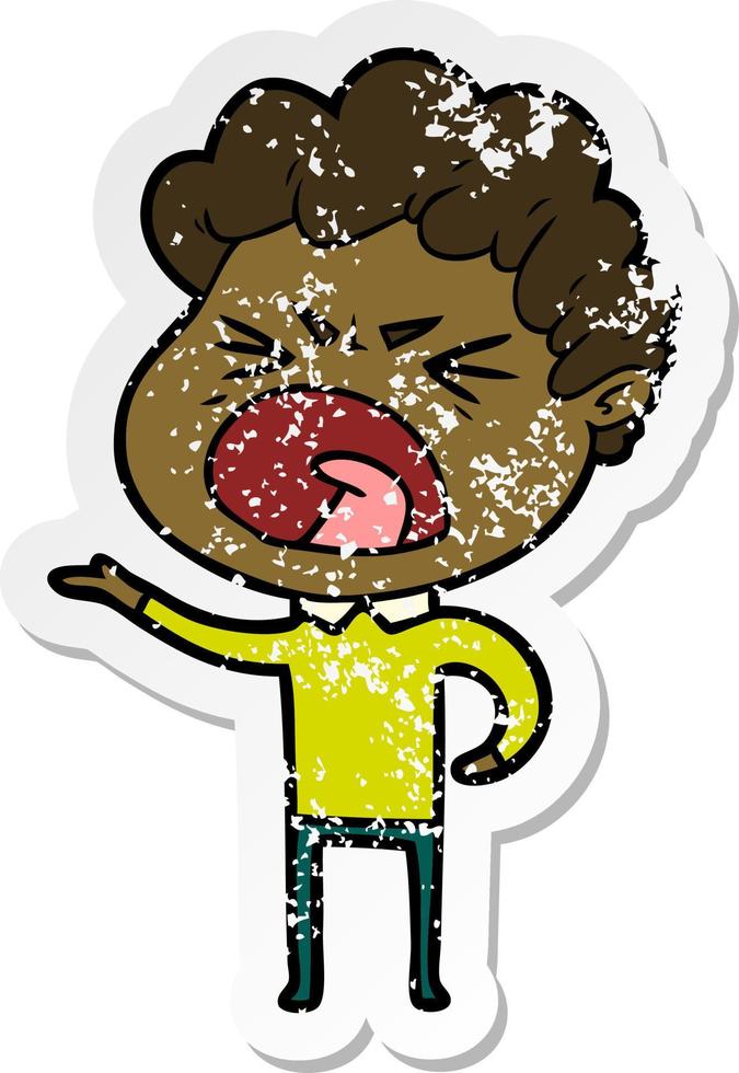 distressed sticker of a cartoon furious man vector