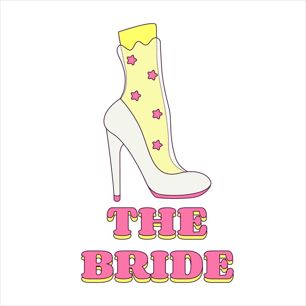 White Wedding Shoe of the Bride Bachelorette Party Illustration for the Bride in Groovy Style Temporary Sticker or Badge vector