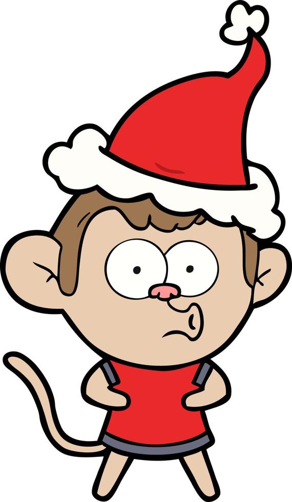 line drawing of a surprised monkey wearing santa hat vector