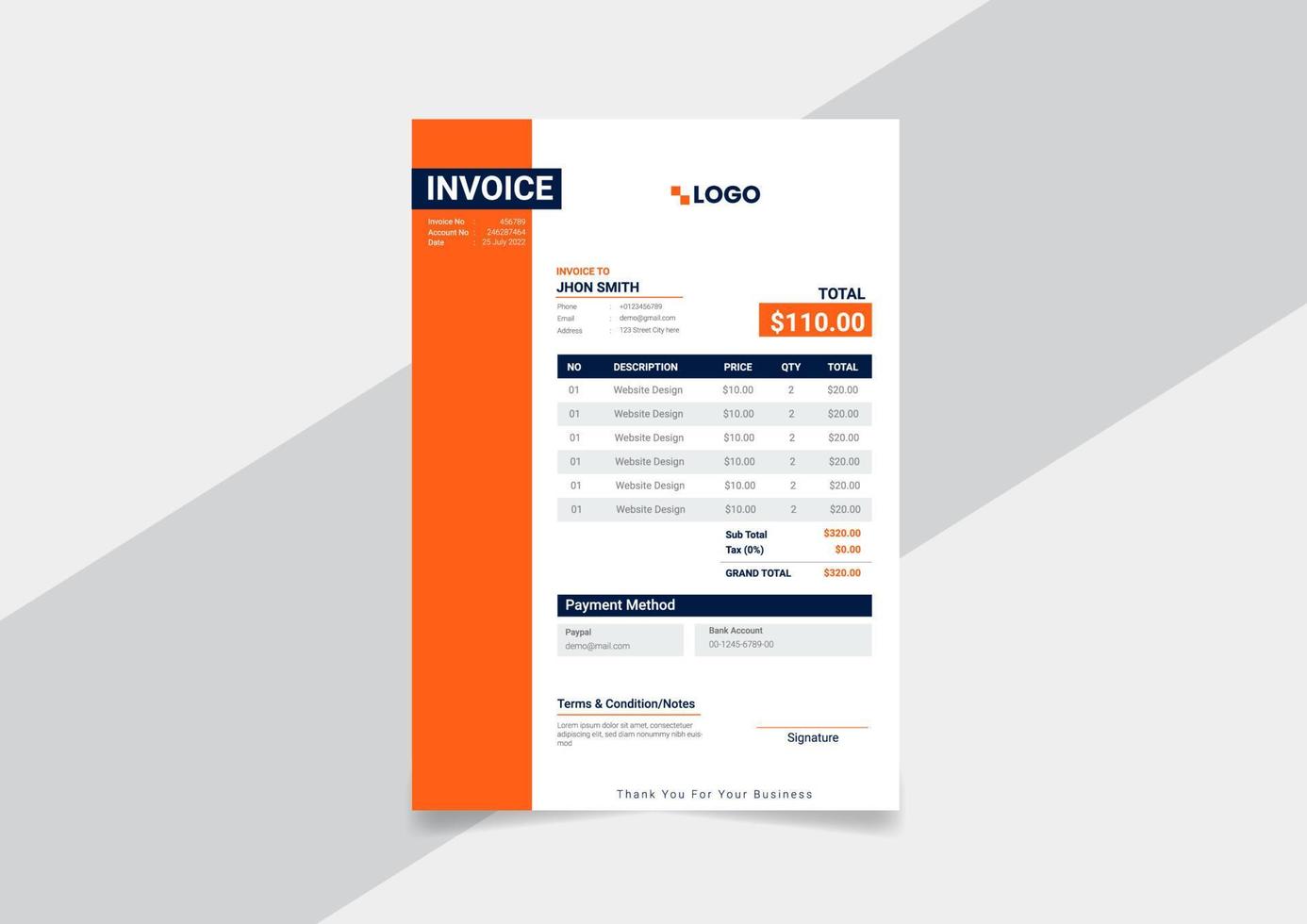 Professional business invoice template. vector