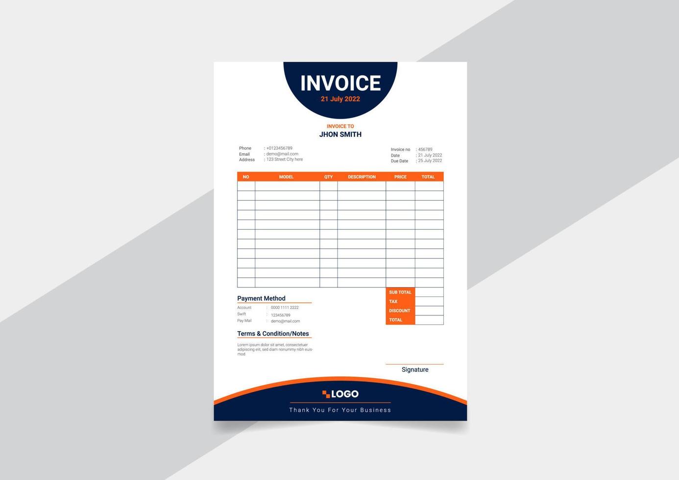 Professional business invoice template. vector