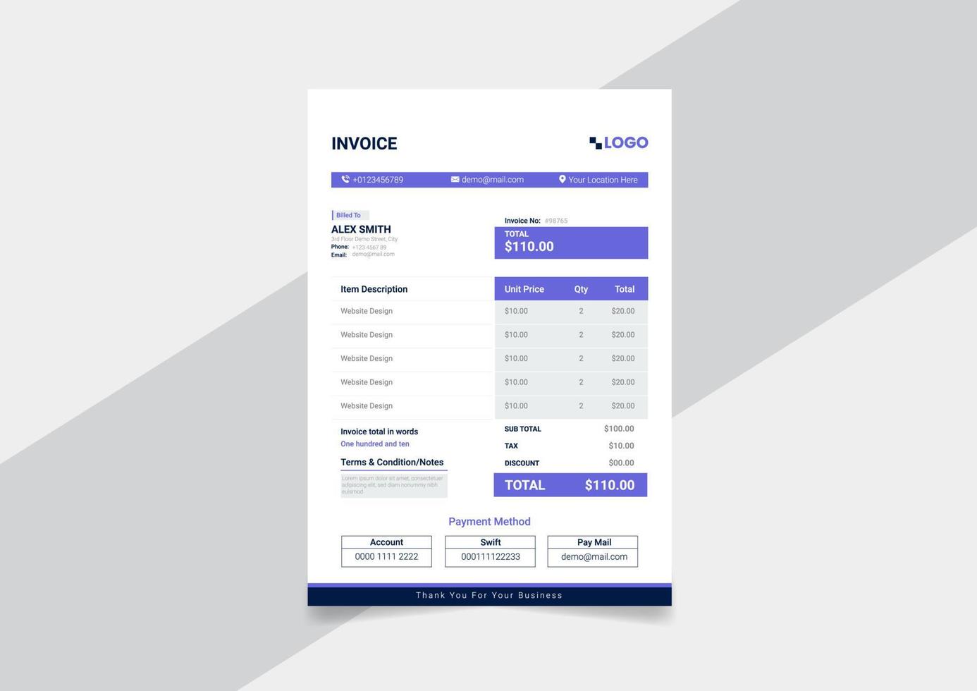 Professional business invoice template. vector