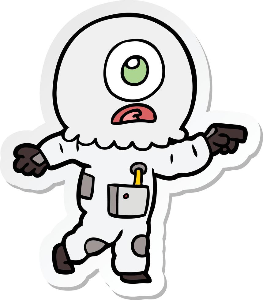 sticker of a cartoon cyclops alien spaceman pointing vector