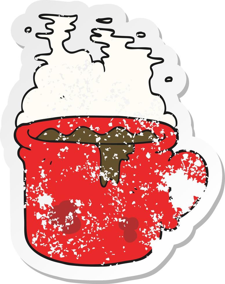 retro distressed sticker of a cartoon old coffee cup vector