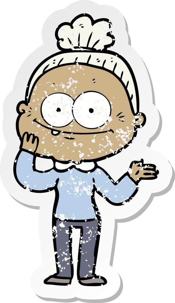 distressed sticker of a cartoon happy old woman vector