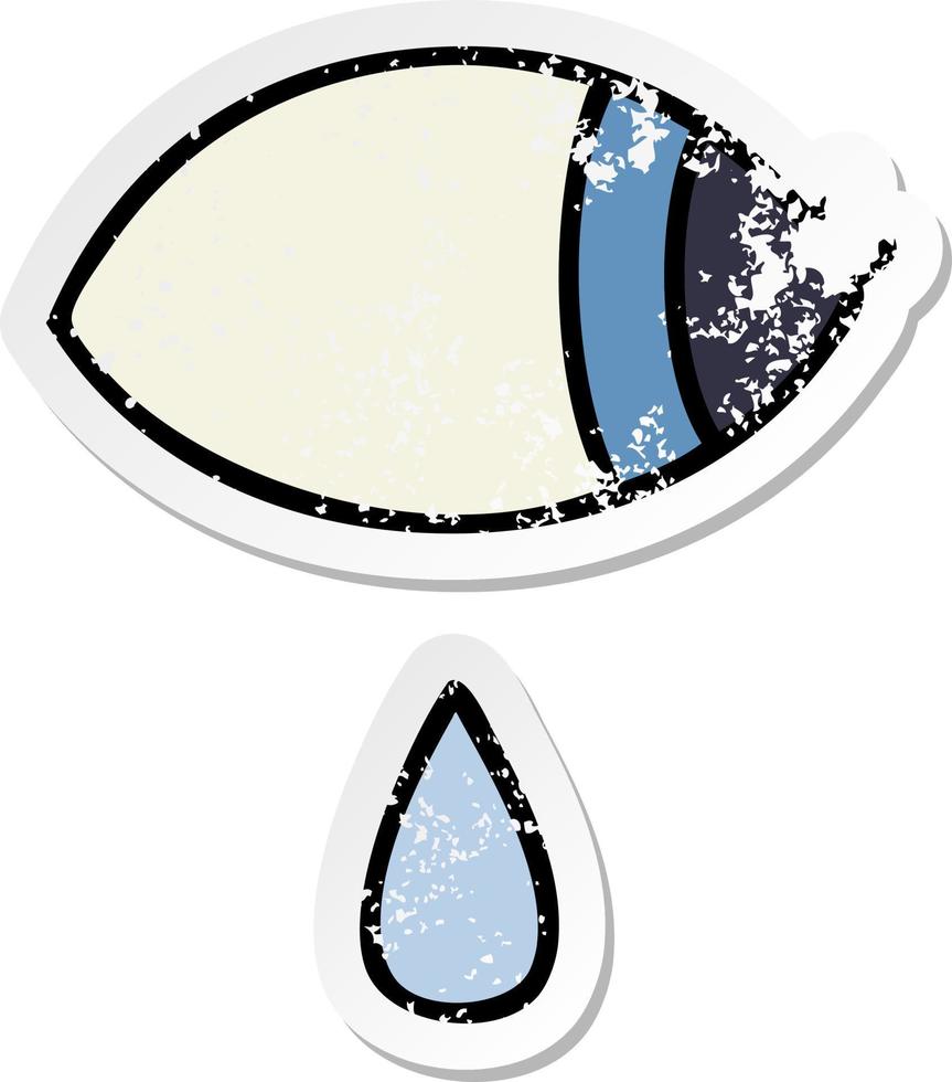 distressed sticker of a cute cartoon crying eye looking to one side vector