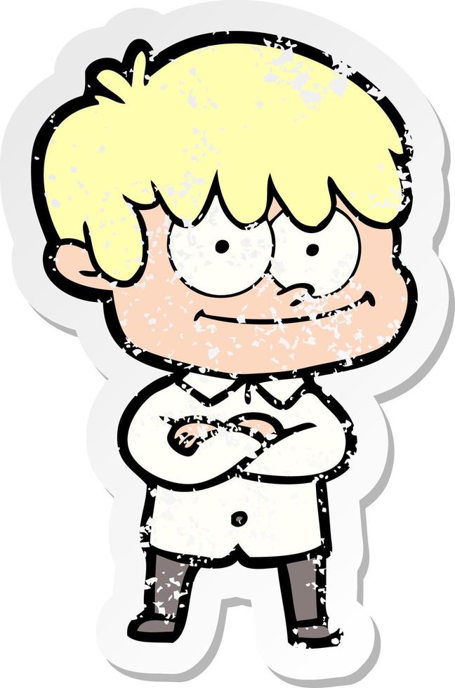 distressed sticker of a happy cartoon man vector