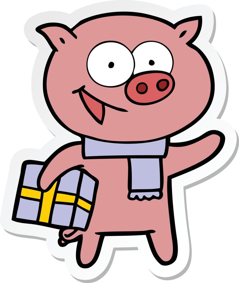 pegatina de un cerdo alegre con regalo de navidad vector