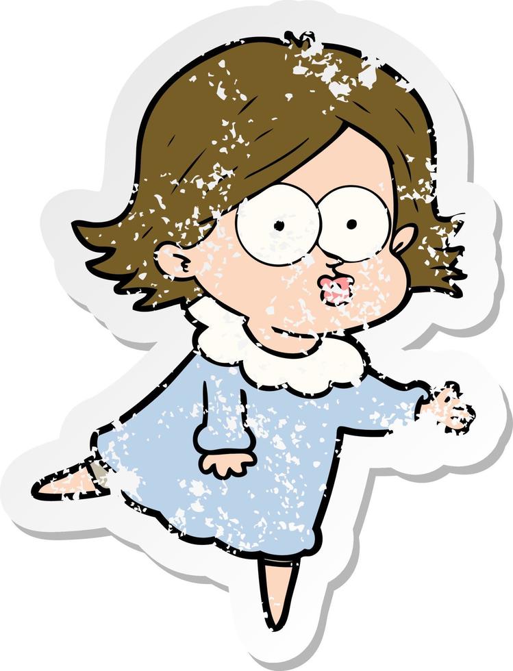 distressed sticker of a cartoon girl pouting vector