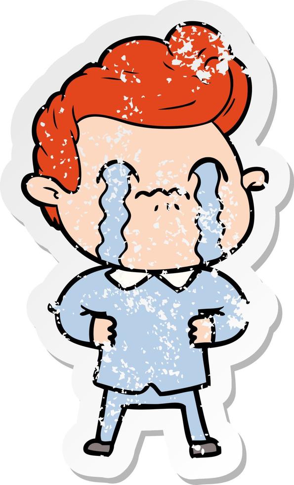 distressed sticker of a cartoon man crying vector