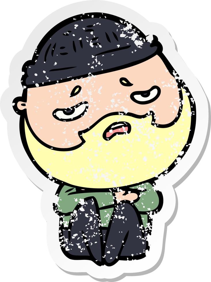 distressed sticker of a cartoon worried man with beard vector