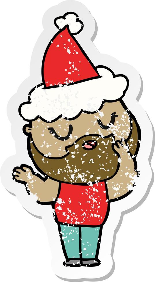 distressed sticker cartoon of a man with beard wearing santa hat vector