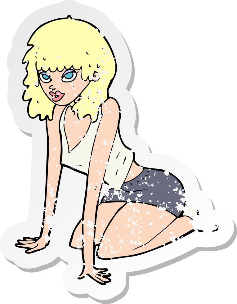 retro distressed sticker of a cartoon woman pulling sexy pose vector