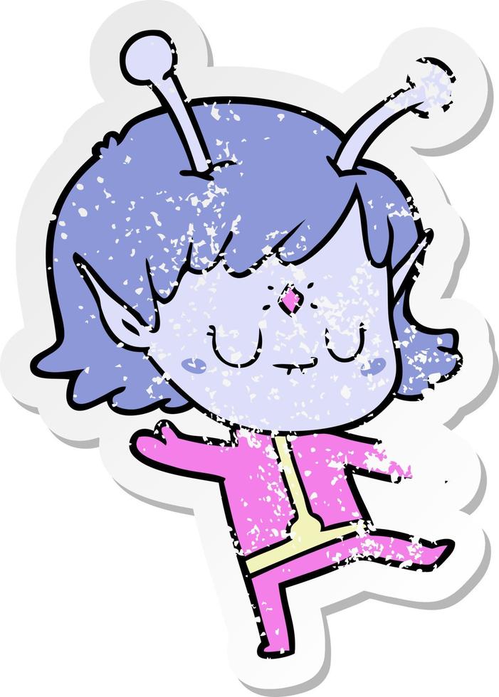distressed sticker of a cartoon alien girl vector