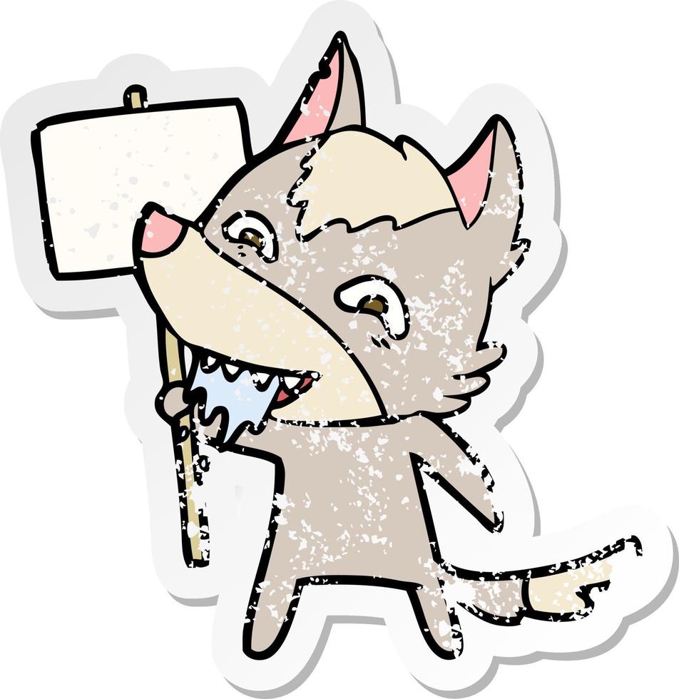 distressed sticker of a cartoon hungry wolf with sign post vector