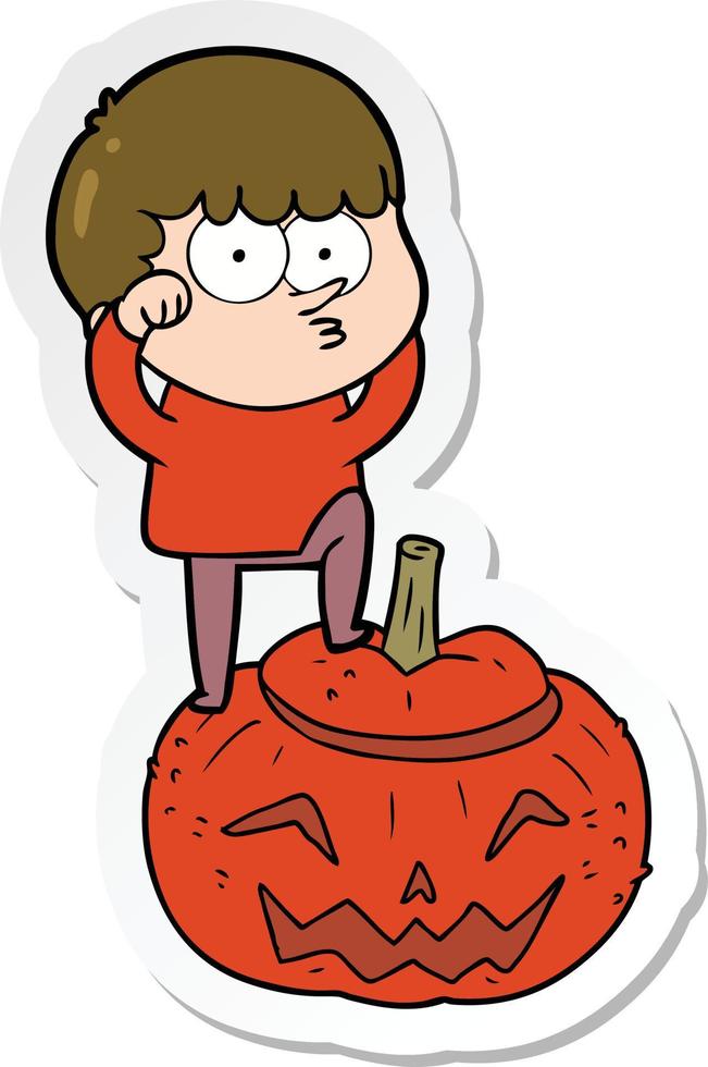sticker of a cartoon boy on huge pumpkin vector