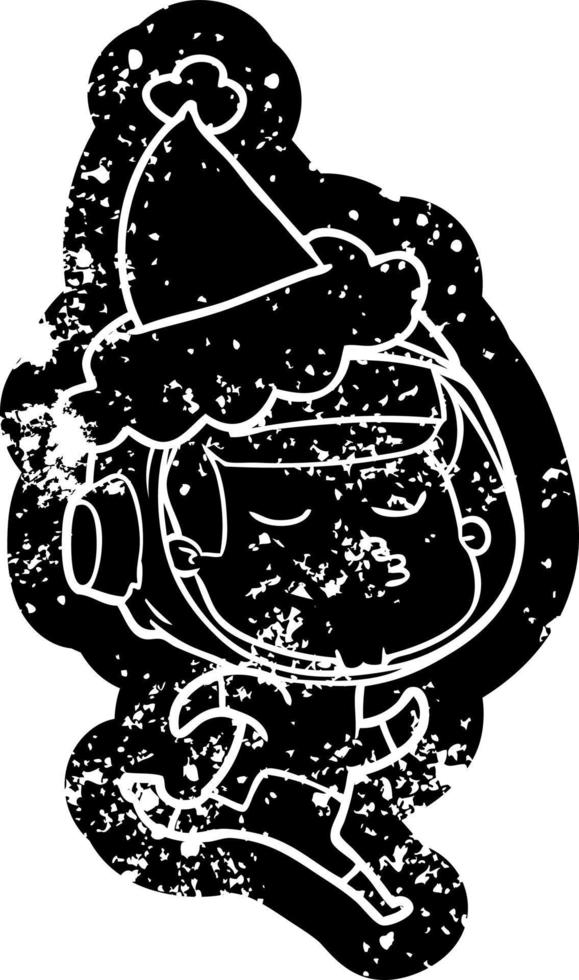 cartoon distressed icon of a confident astronaut wearing santa hat vector