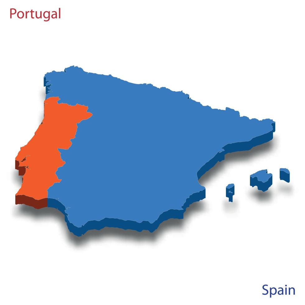 3d isometric map Portugal and Spain relations vector