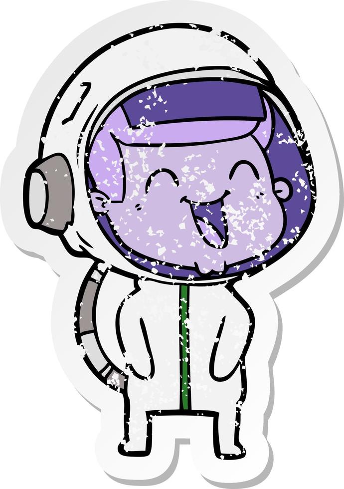 distressed sticker of a happy cartoon astronaut vector