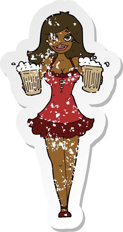 retro distressed sticker of a cartoon beer festival girl vector