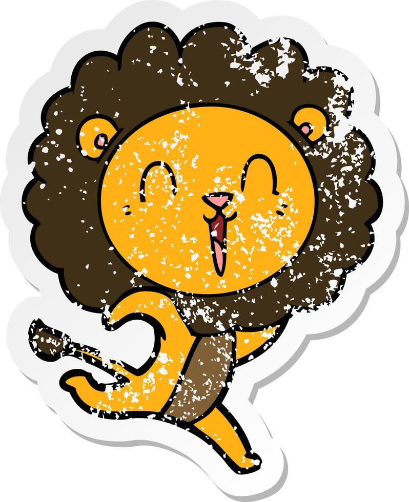 distressed sticker of a laughing lion cartoon running vector